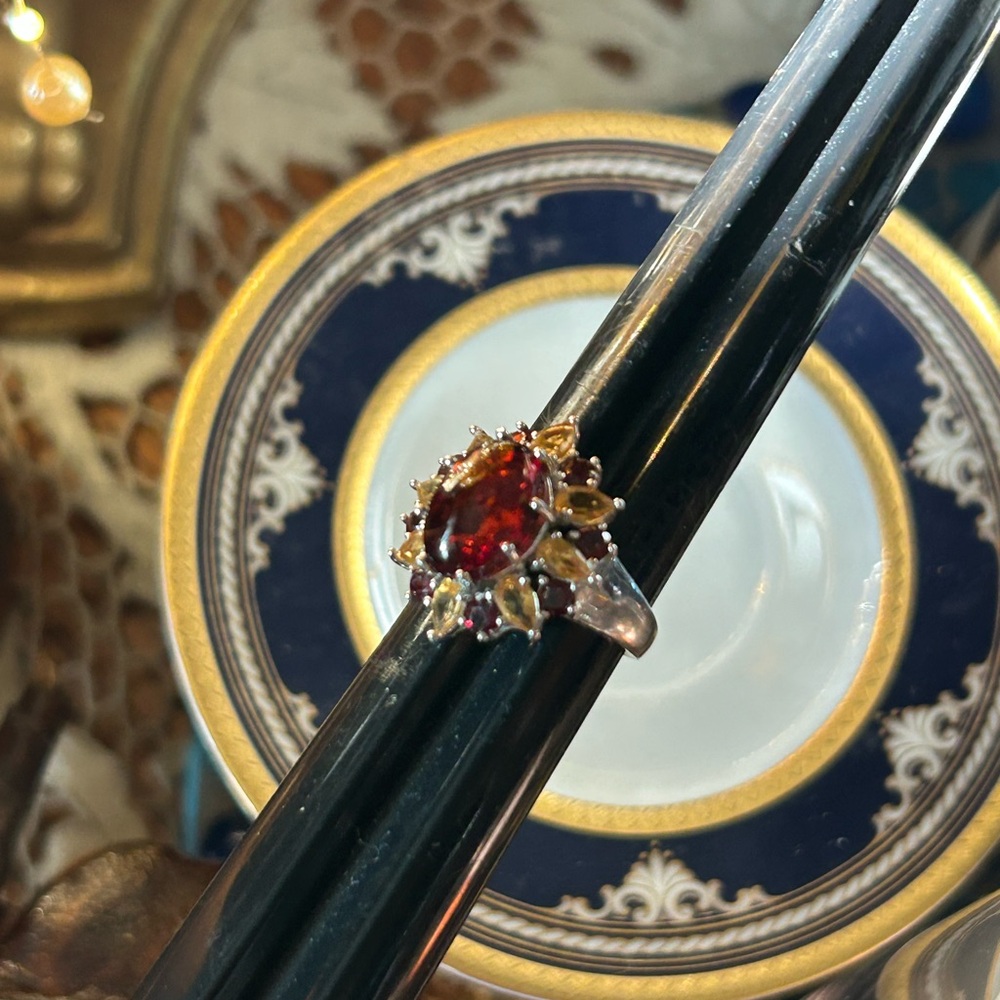 Vintage Baltic Amber Citrine & Garnet Sterling Silver Cocktail Ring - Picture 7 of 15